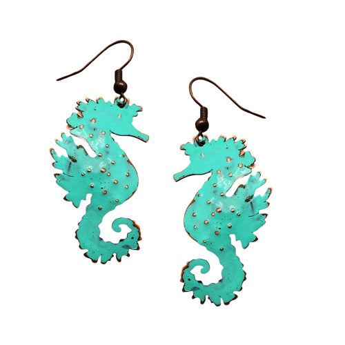 Seahorse Coral or Turquoise Copper Earrings